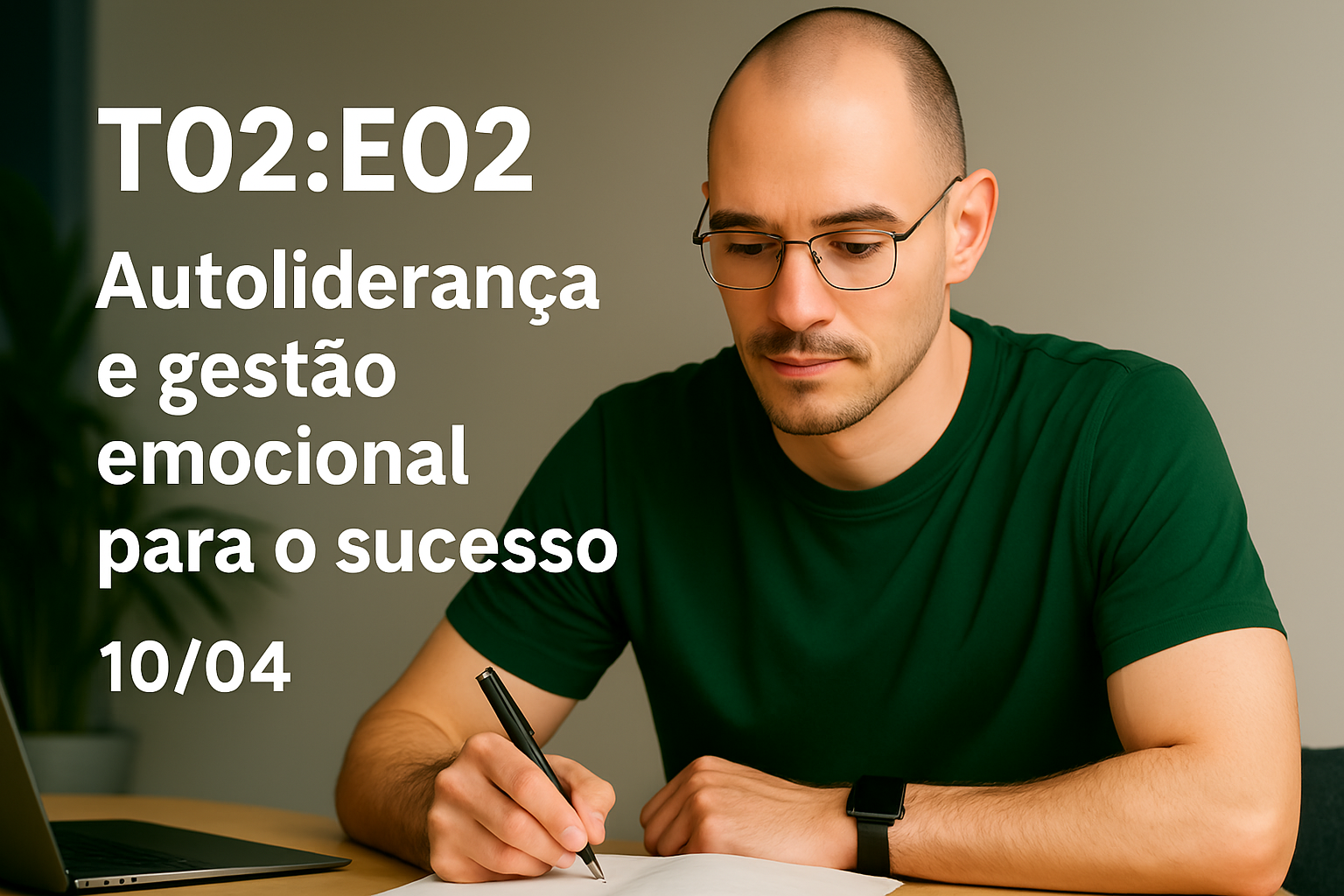 faça ele para representar o episódio T02E02 Autoliderança e gestão emocional para o sucesso (1004). em um ambiente tranquilo, com uma expressão focada, olhando para uma mesa onde ele está planejando ou refletindo sobre suas metas. siga fielmente a imagem e os traços da pessoa da foto (é o personagem) que to te mandando agora. Autoliderança, gestão emocional e equilíbrio